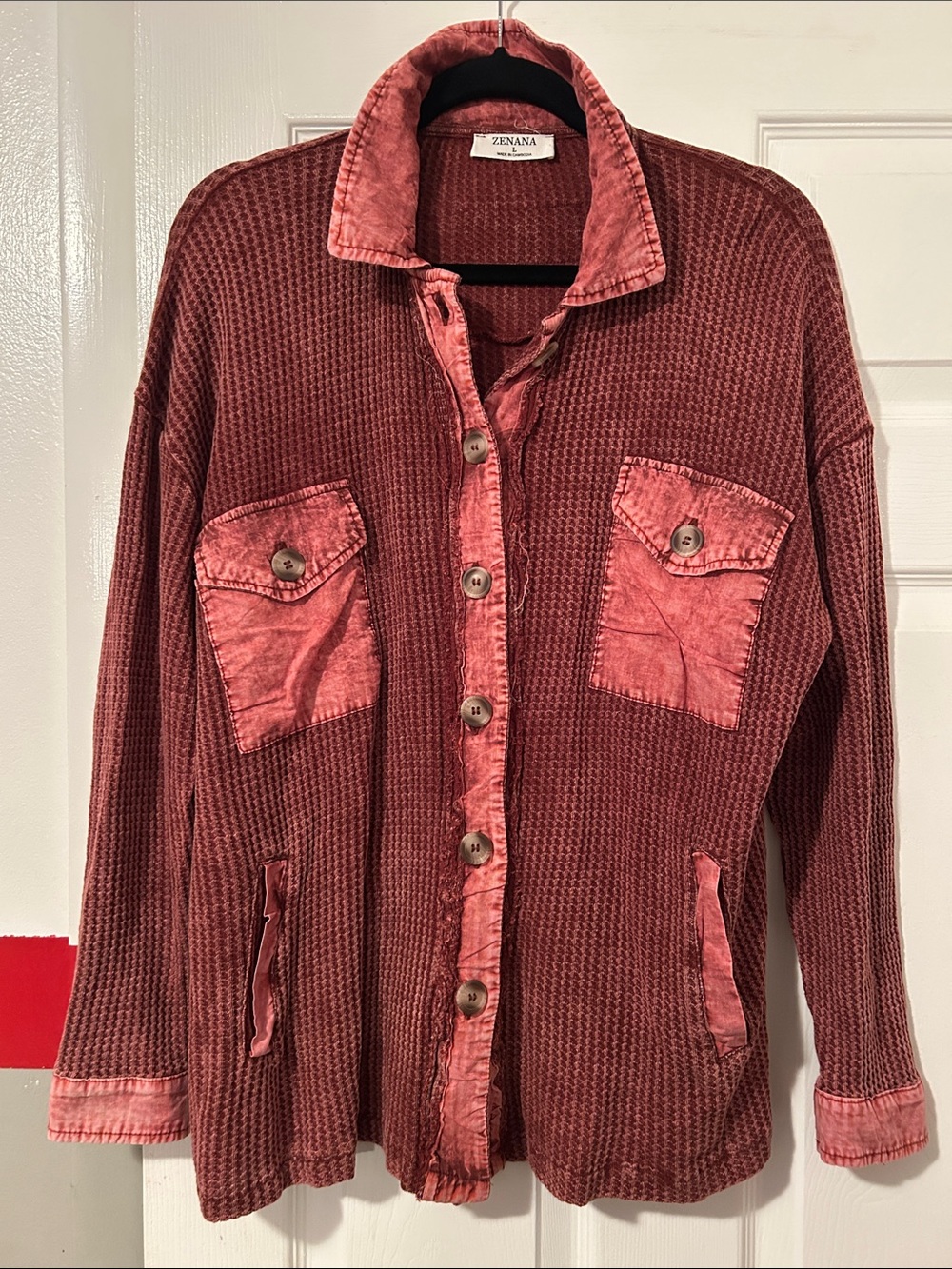 Zenana Outfitters Distressed Rosewood Button-Front Waffle Knit Shacket